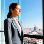 **

"A professional businesswoman in a modest business suit, standing in a bright, modern office overlooking Madrid, fully clothed, appropriate attire, safe for work, perfect anatomy, natural proportions, professional photography, high quality."

**