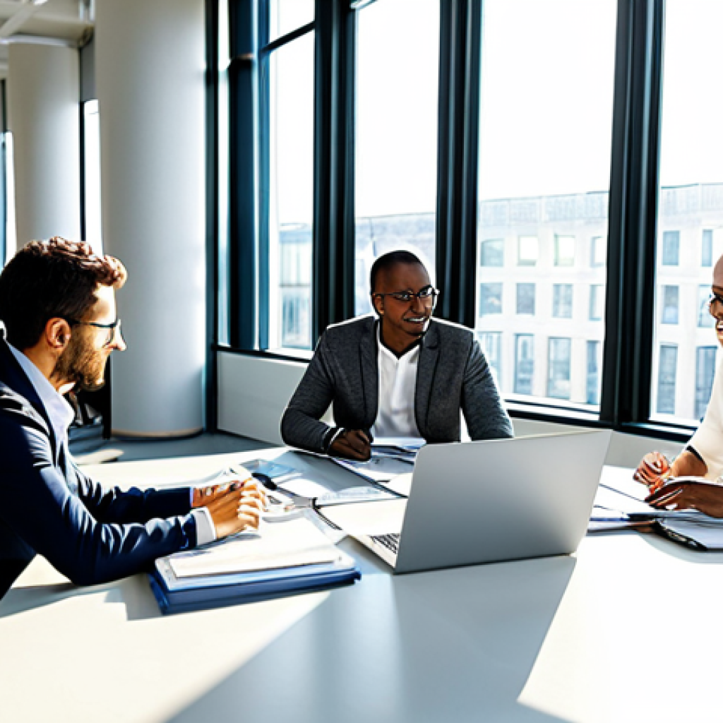**

A diverse team of professionals collaborating in a bright, modern office space. They are fully clothed in business casual attire, engaged in a brainstorming session around a large table covered with documents and laptops. Sunlight streams through the large windows. Safe for work, appropriate content, professional environment, perfect anatomy, natural proportions, well-lit, high resolution.

**
