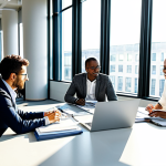 **

A diverse team of professionals collaborating in a bright, modern office space. They are fully clothed in business casual attire, engaged in a brainstorming session around a large table covered with documents and laptops. Sunlight streams through the large windows. Safe for work, appropriate content, professional environment, perfect anatomy, natural proportions, well-lit, high resolution.

**