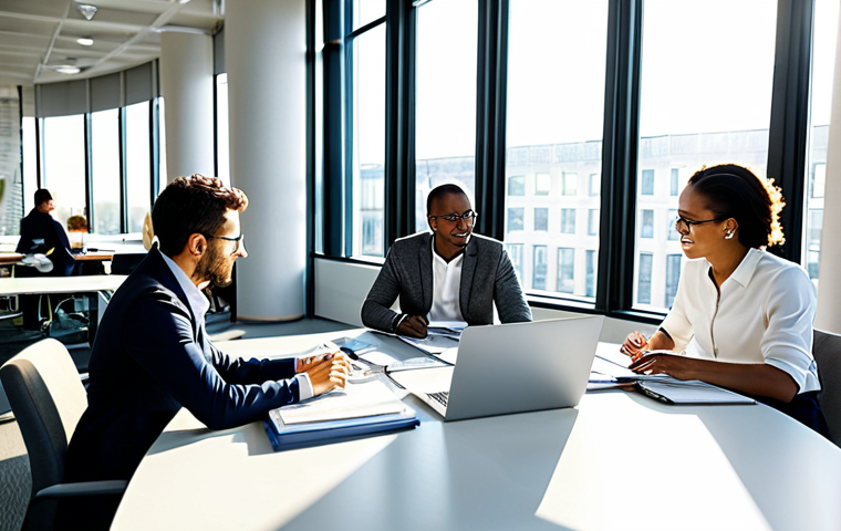 **
A diverse team of professionals collaborating in a bright, modern office space. They are fully clothed in business casual attire, engaged in a brainstorming session around a large table covered with documents and laptops. Sunlight streams through the large windows. Safe for work, appropriate content, professional environment, perfect anatomy, natural proportions, well-lit, high resolution.
**