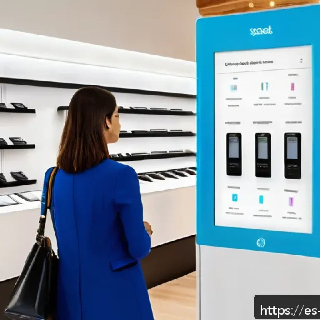 고객 피드백 시스템의 발전 방향 - A modern retail store interior showing a sleek digital feedback kiosk replacing traditional physical...