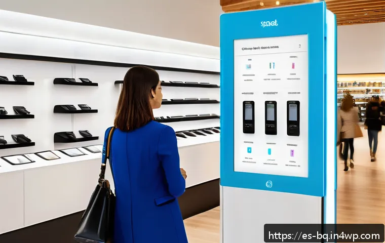 고객 피드백 시스템의 발전 방향 - A modern retail store interior showing a sleek digital feedback kiosk replacing traditional physical...